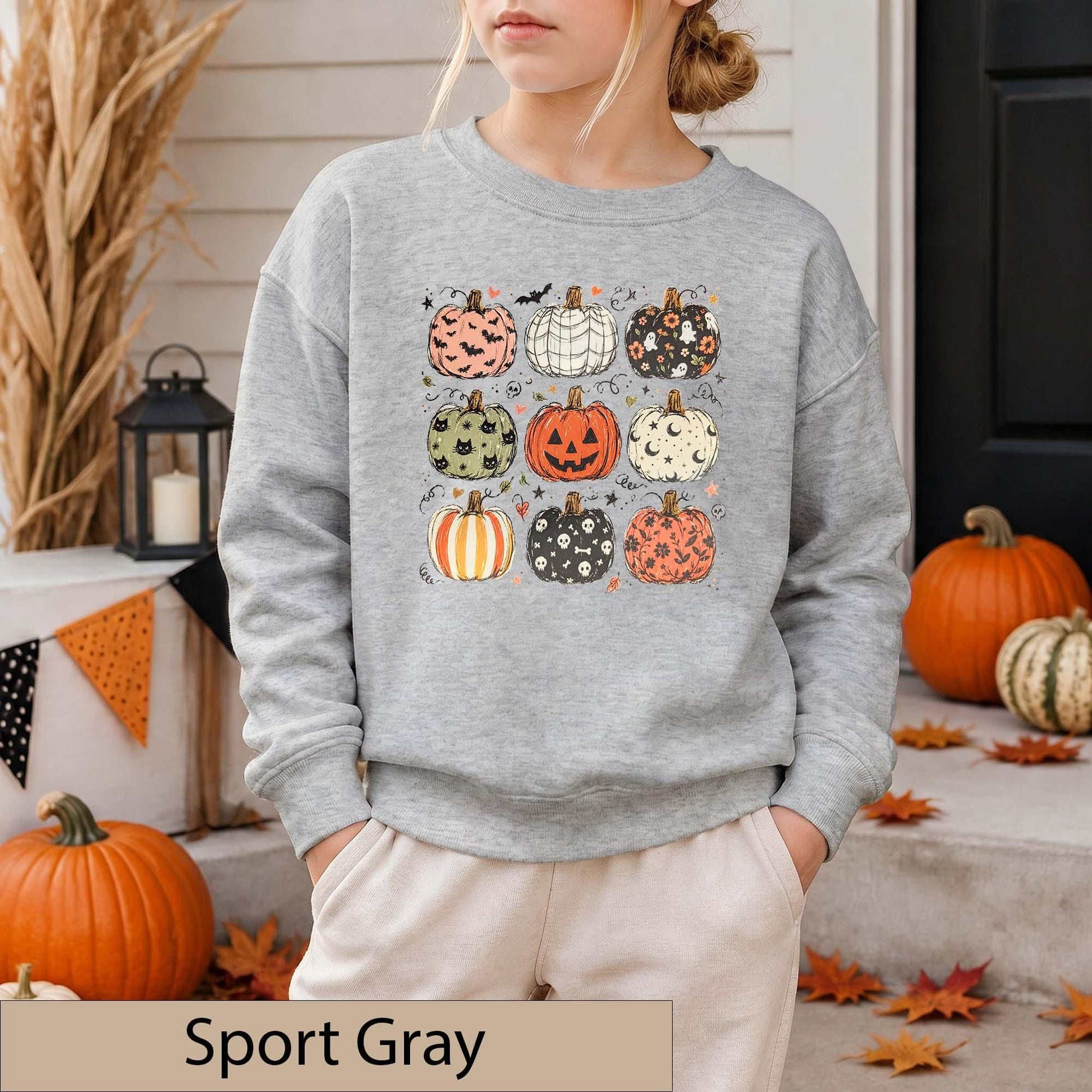 Youth Halloween Pumpkin Grid Sweatshirt, Spooky Season Crewneck, Ghosts Bats Skulls Sweater