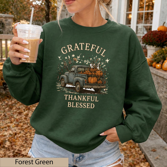 Grateful Thankful Blessed Sweatshirt, Vintage Pumpkin Truck Crewneck, Cozy Fall Harvest Sweater