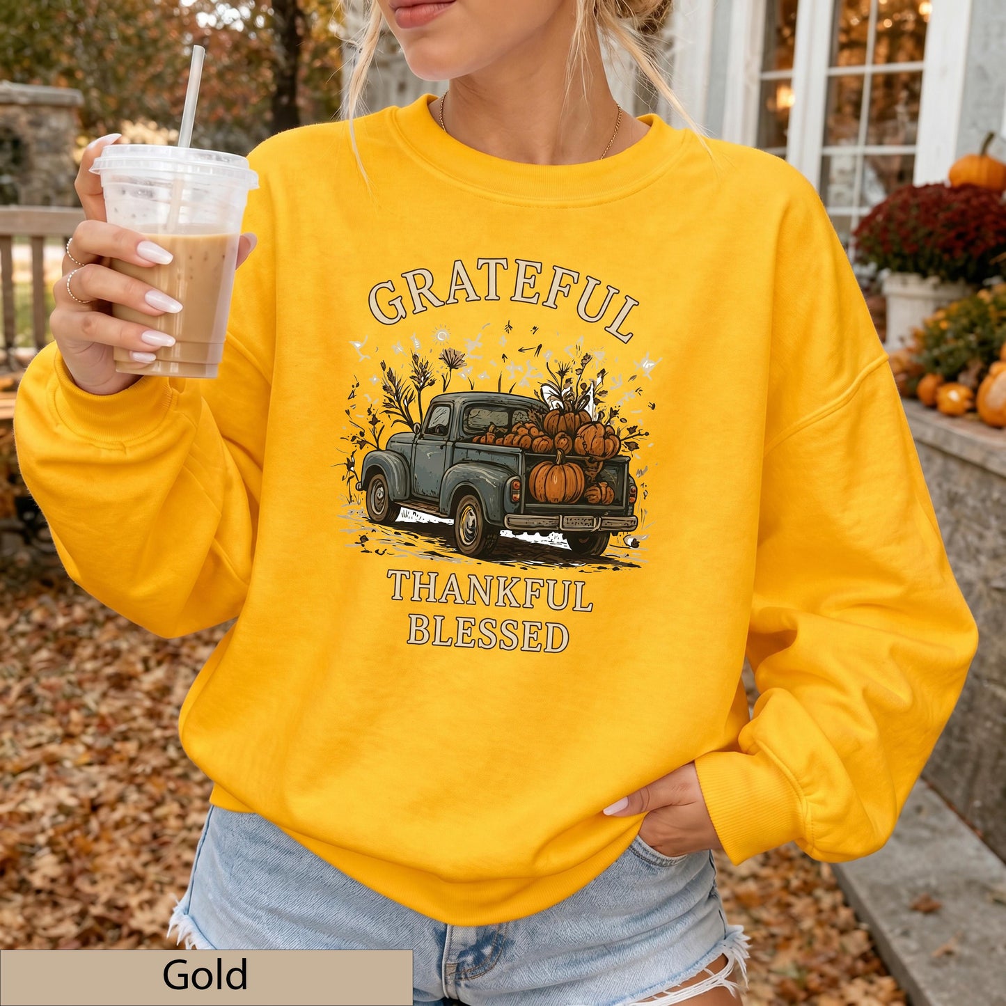 Grateful Thankful Blessed Sweatshirt, Vintage Pumpkin Truck Crewneck, Cozy Fall Harvest Sweater
