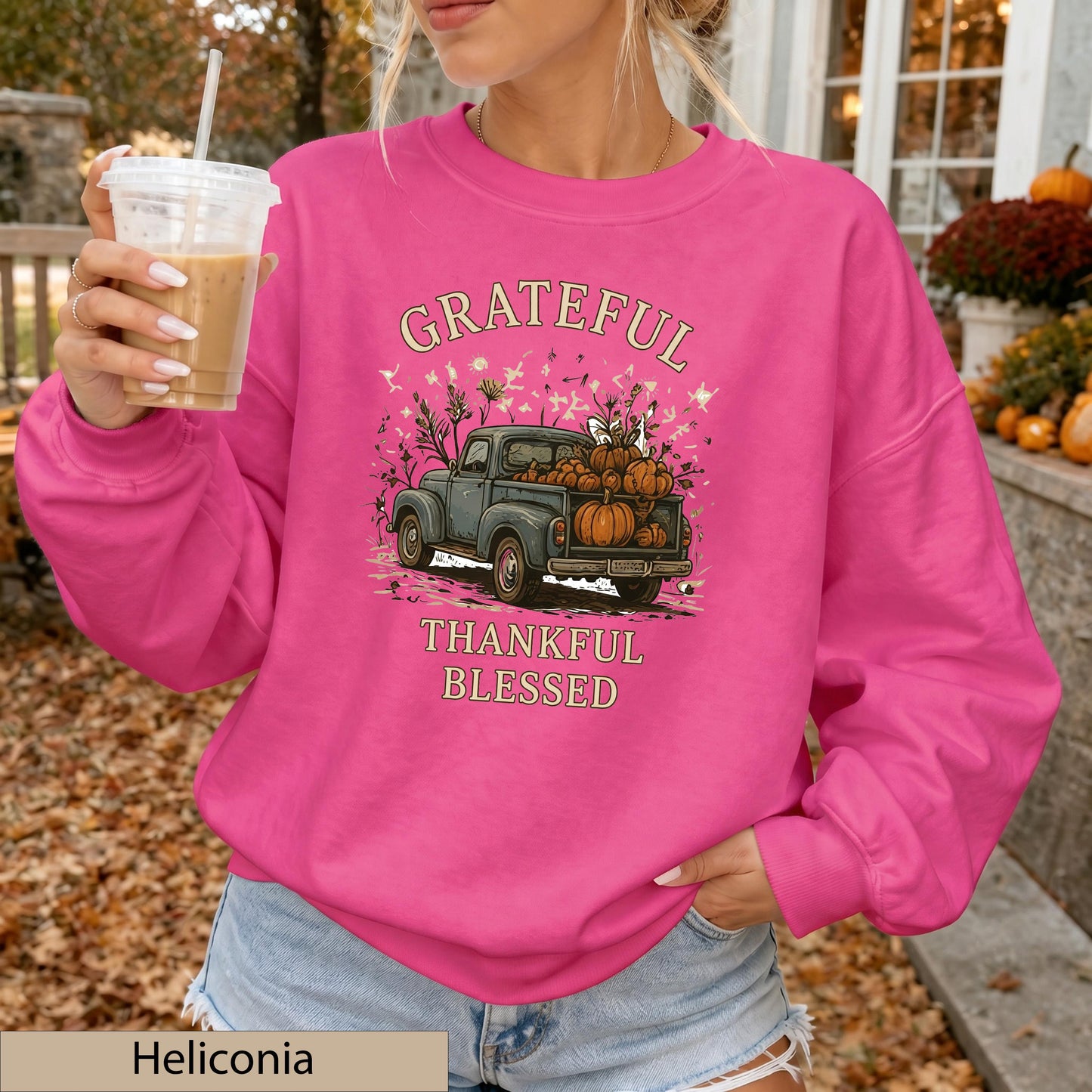 Grateful Thankful Blessed Sweatshirt, Vintage Pumpkin Truck Crewneck, Cozy Fall Harvest Sweater