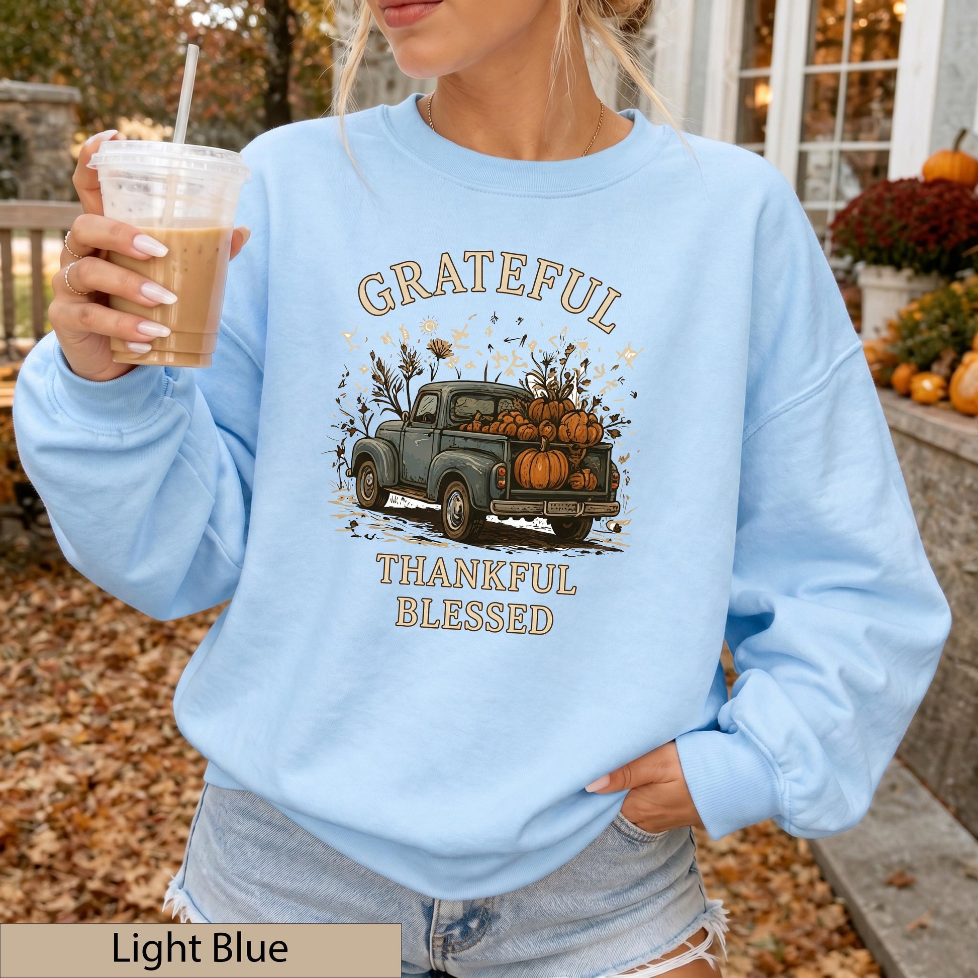 Grateful Thankful Blessed Sweatshirt, Vintage Pumpkin Truck Crewneck, Cozy Fall Harvest Sweater