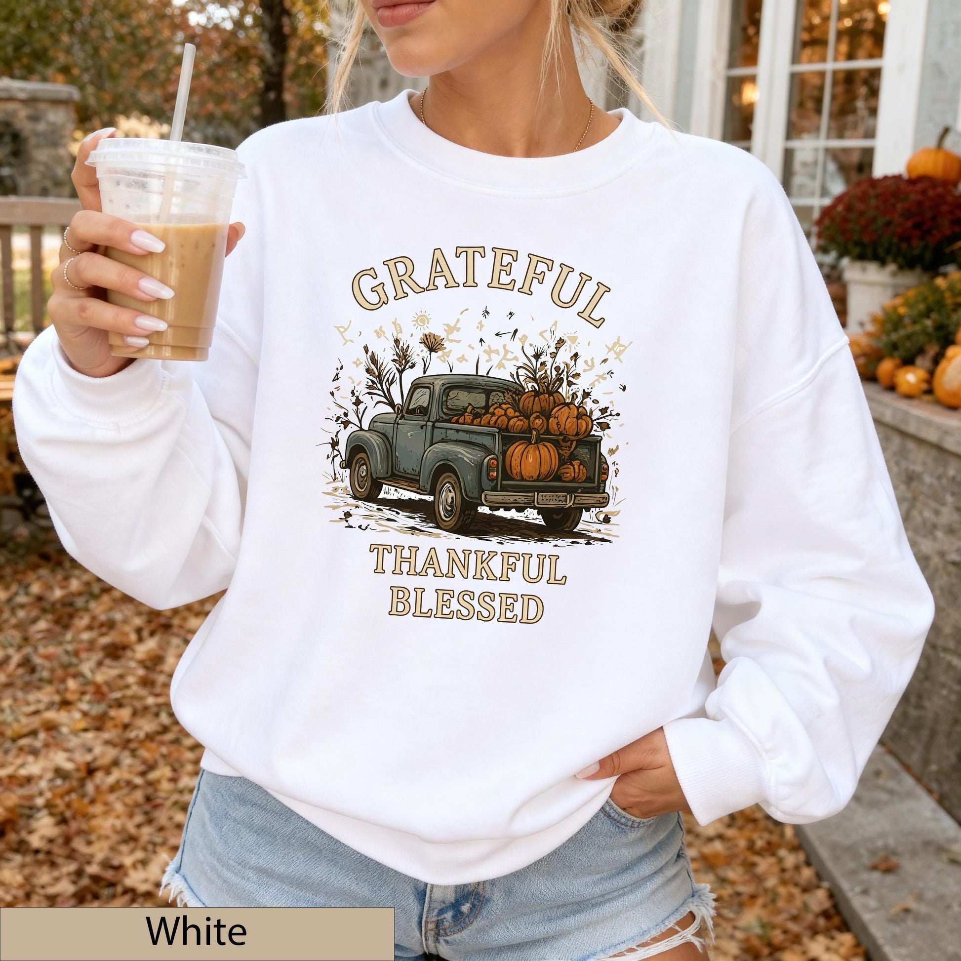 Grateful Thankful Blessed Sweatshirt, Vintage Pumpkin Truck Crewneck, Cozy Fall Harvest Sweater