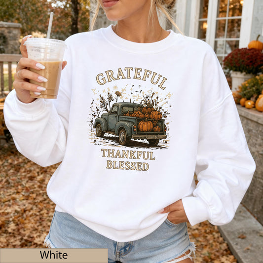 Grateful Thankful Blessed Sweatshirt, Vintage Pumpkin Truck Crewneck, Cozy Fall Harvest Sweater