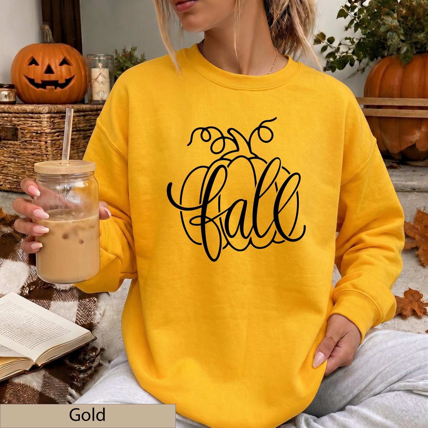 Orange Fall Pumpkin Script Sweatshirt, Cozy Autumn Crewneck Sweater
