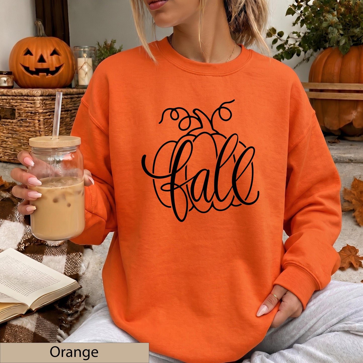 Orange Fall Pumpkin Script Sweatshirt, Cozy Autumn Crewneck Sweater