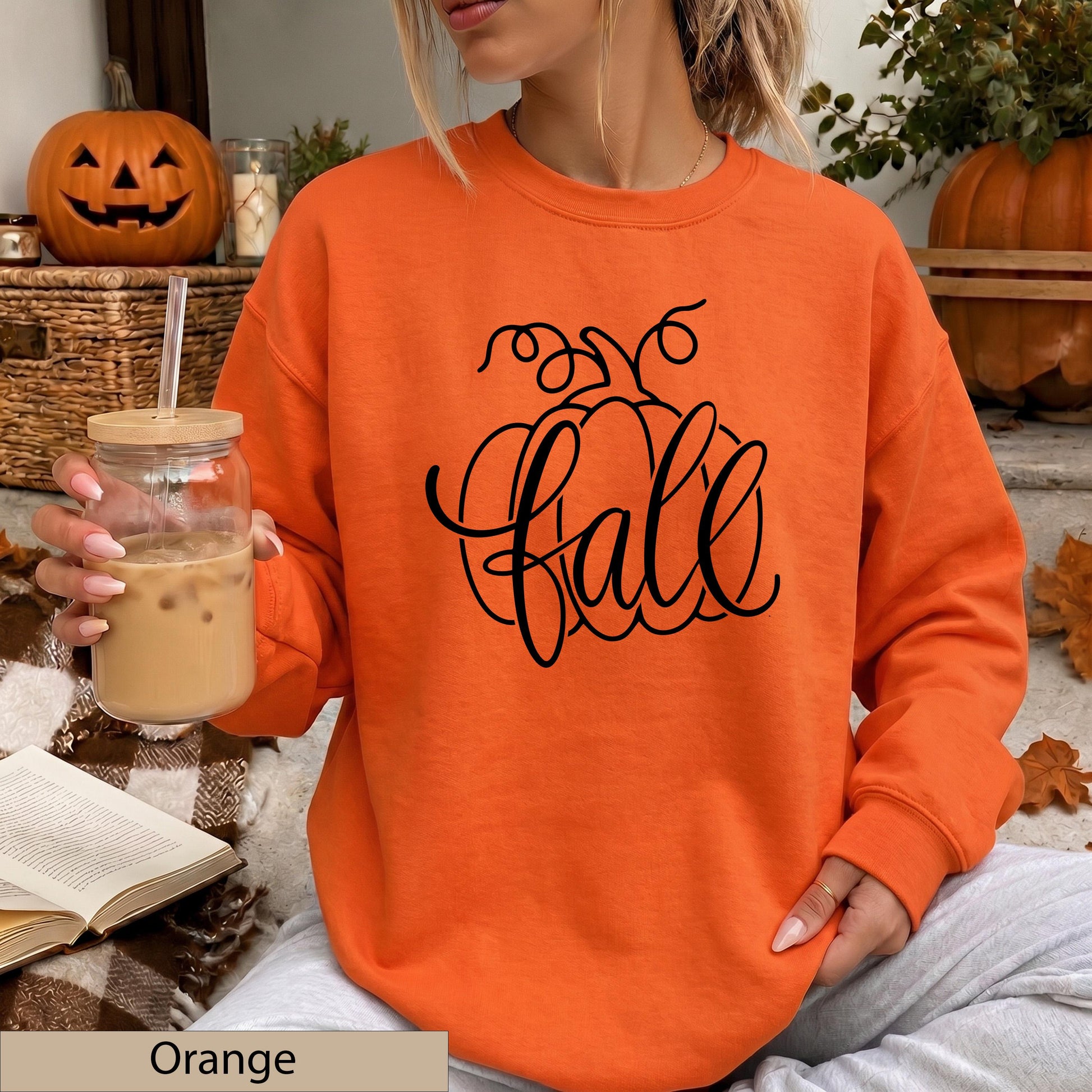 Orange Fall Pumpkin Script Sweatshirt, Cozy Autumn Crewneck Sweater