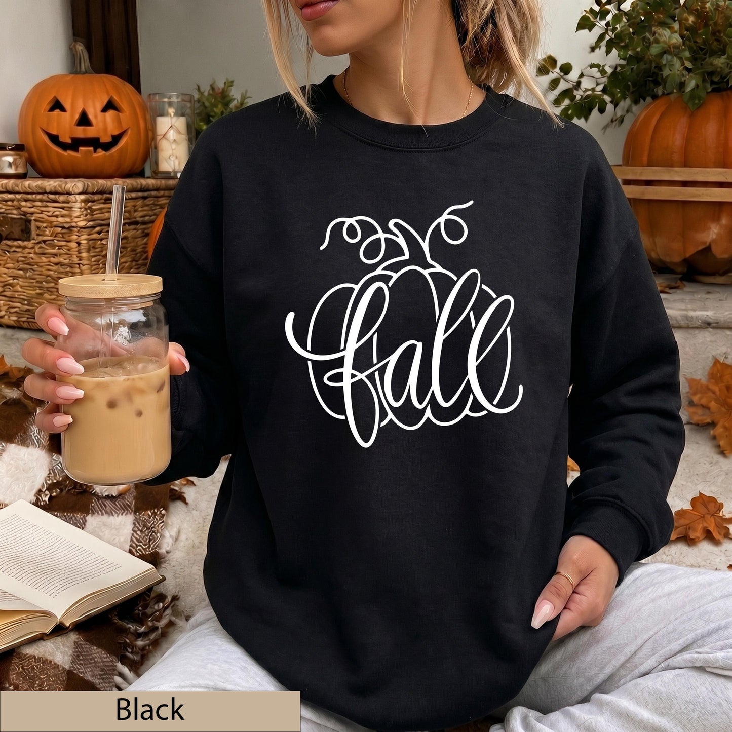 Fall Pumpkin Script Crewneck Sweatshirt, Cozy Autumn Orange Jumper