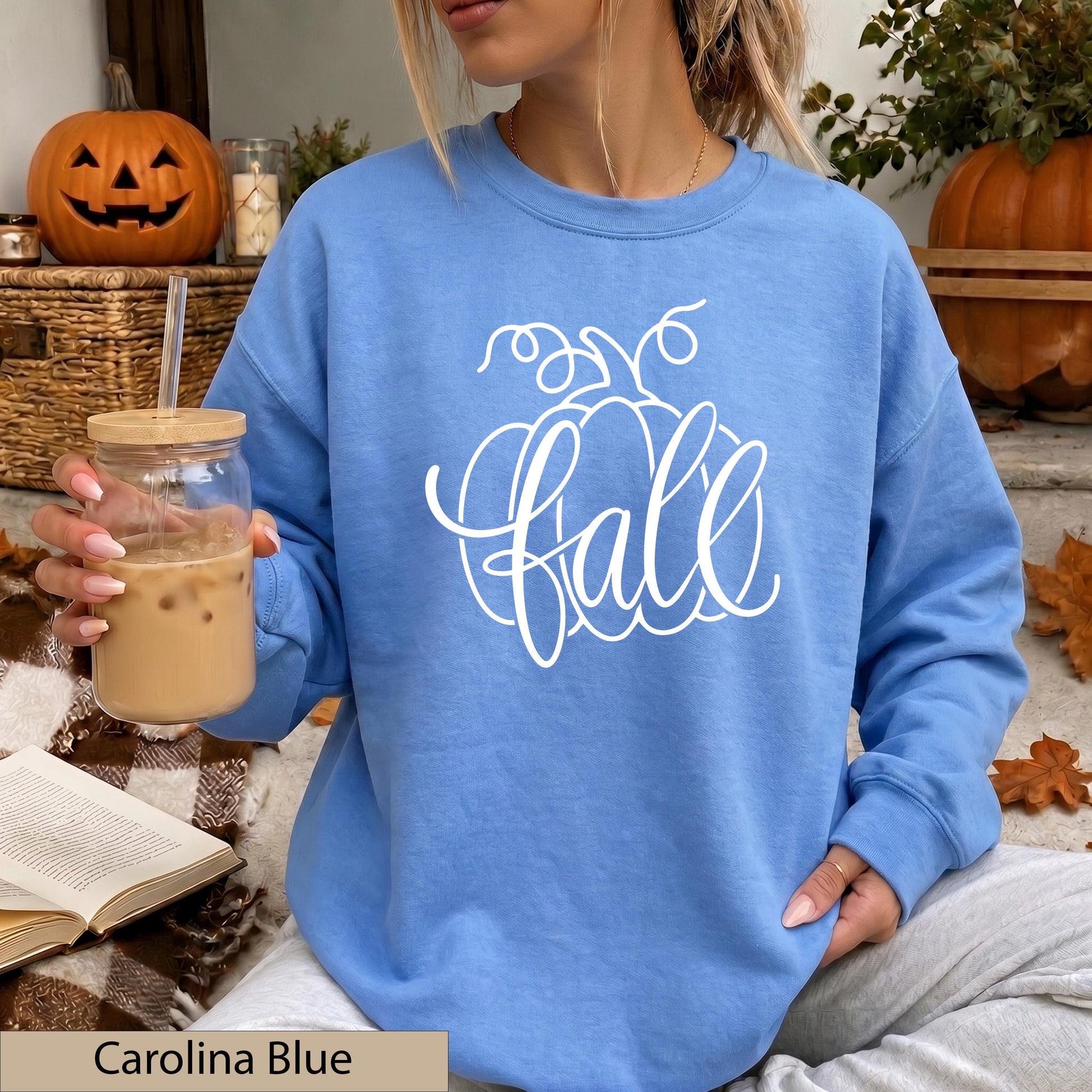 Fall Pumpkin Script Crewneck Sweatshirt, Cozy Autumn Orange Jumper