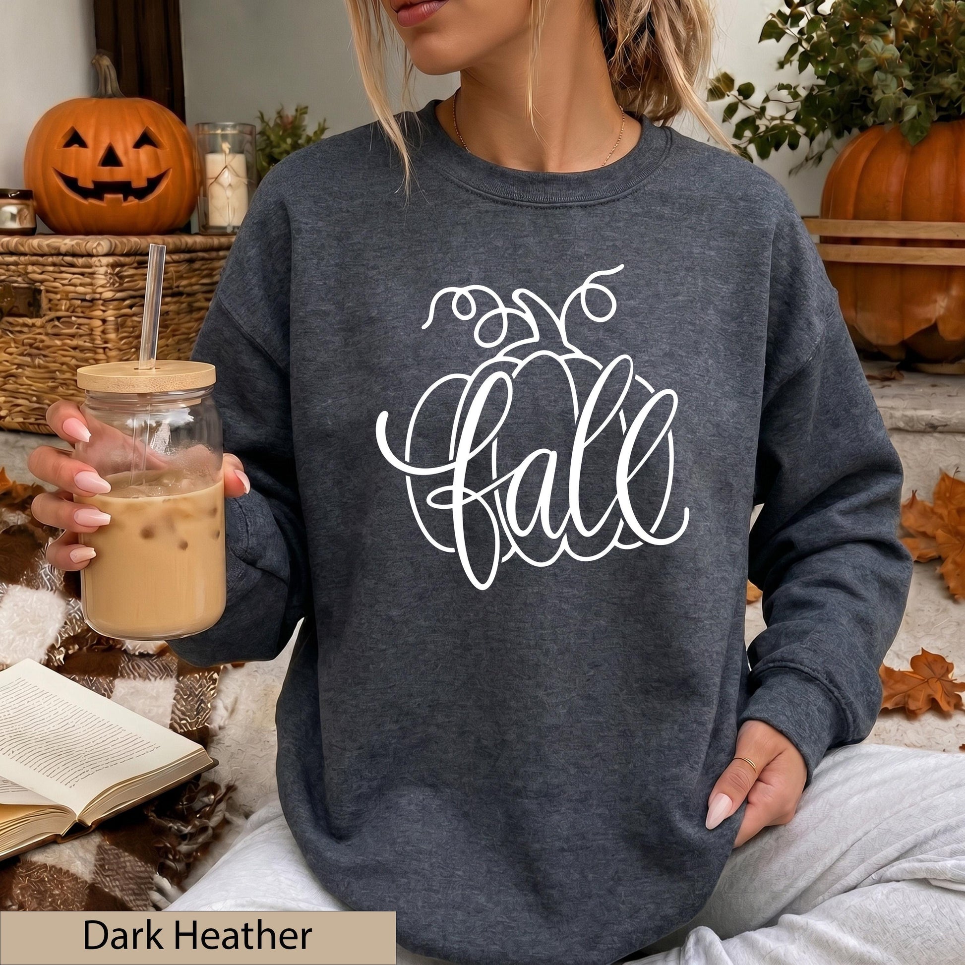 Fall Pumpkin Script Crewneck Sweatshirt, Cozy Autumn Orange Jumper