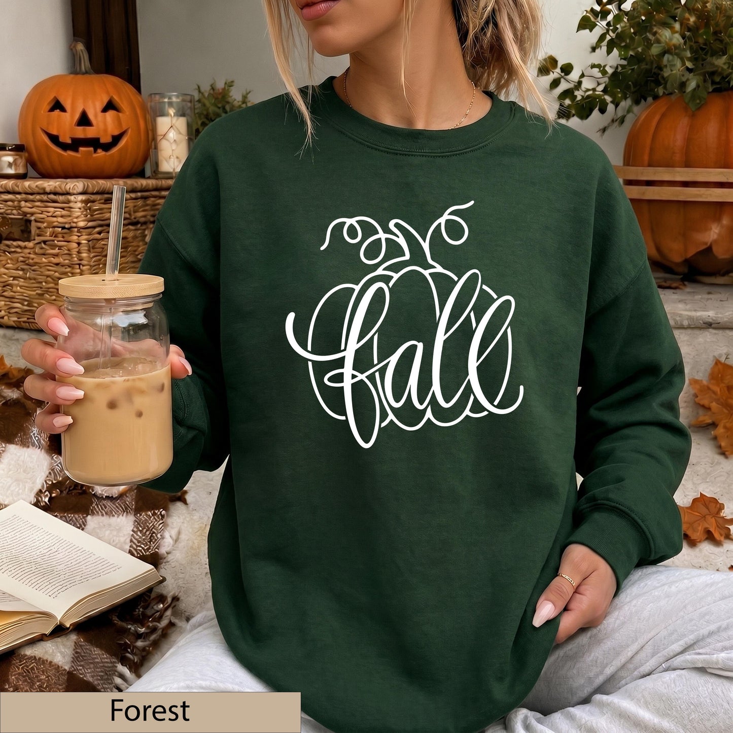 Fall Pumpkin Script Crewneck Sweatshirt, Cozy Autumn Orange Jumper