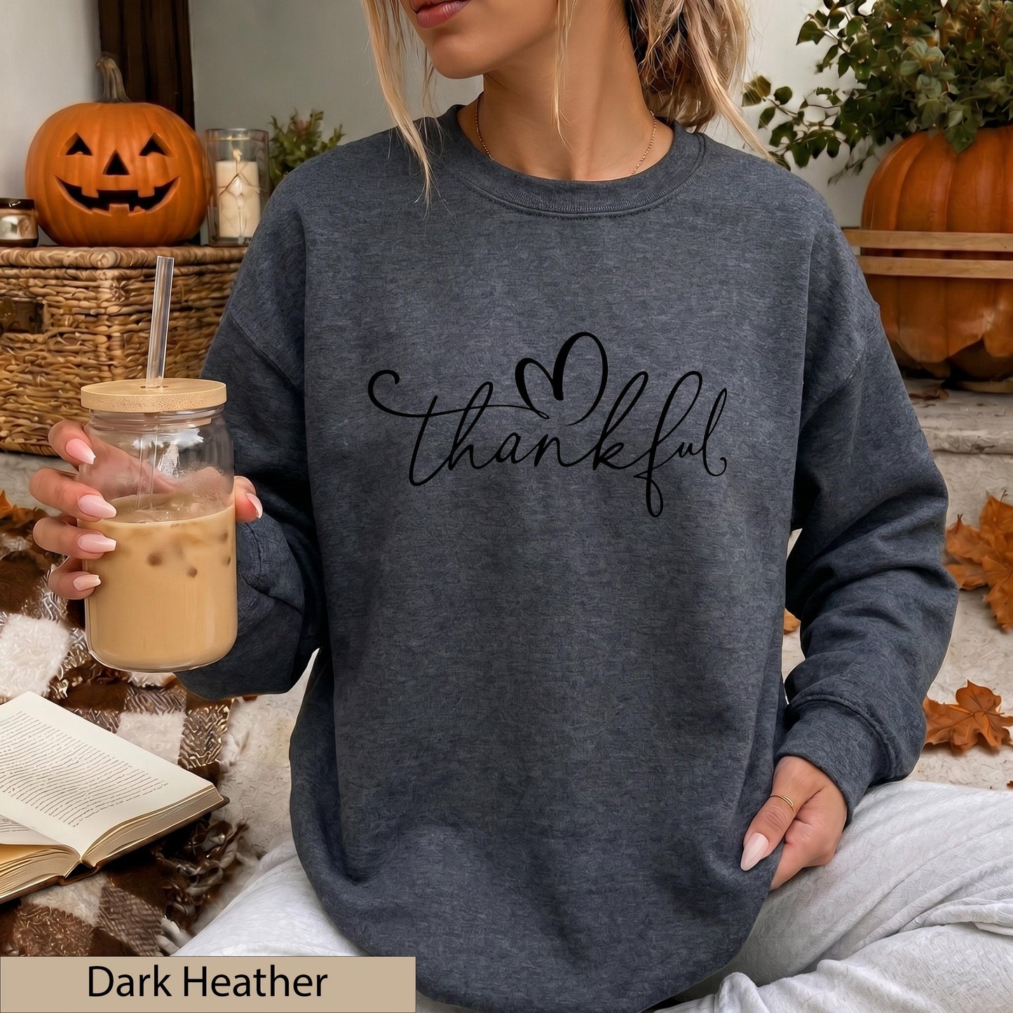 Thankful Sweatshirt, Black Script Crewneck, Minimalist Heart Script Sweater, Cozy Fall Jumper