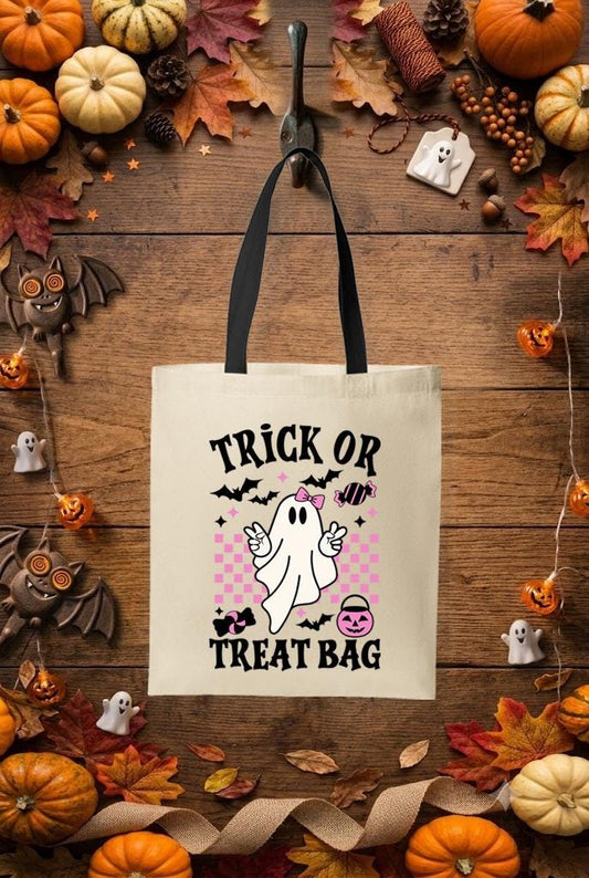 Ghost Halloween Trick or Treat Bag, Girls Spooky Season Candy Tote (Black Letters)