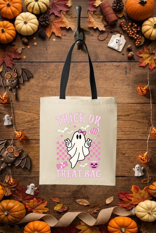 Ghost Halloween Trick or Treat Bag, Girls Spooky Season Candy Tote (Pink Letters)