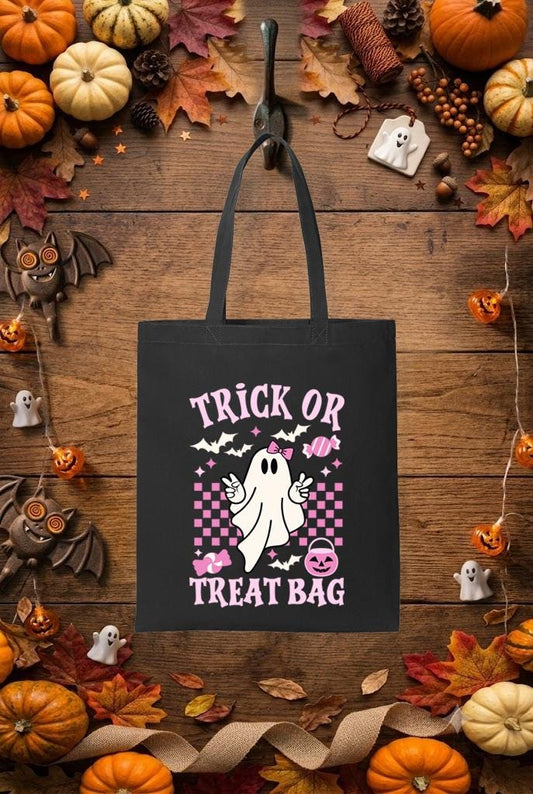Ghost Halloween Trick or Treat Bag, Girls Spooky Season Candy Tote (Pink Letters)