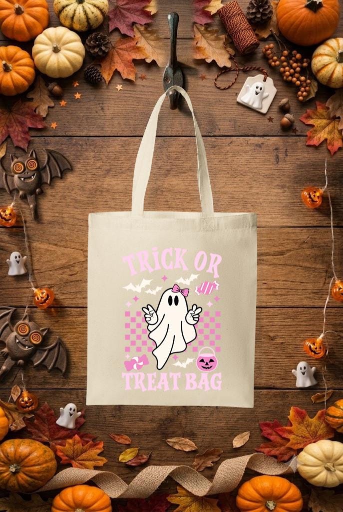 Ghost Halloween Trick or Treat Bag, Girls Spooky Season Candy Tote (Pink Letters)