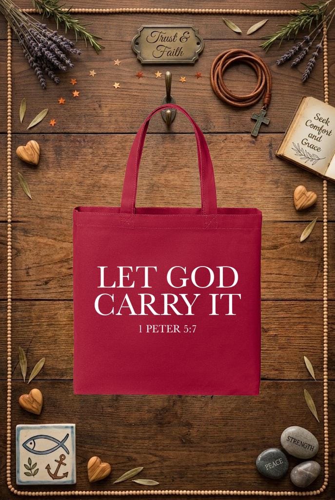 Christian Tote Bag | 1 Peter 5:7 Faith Verse Gift for Women