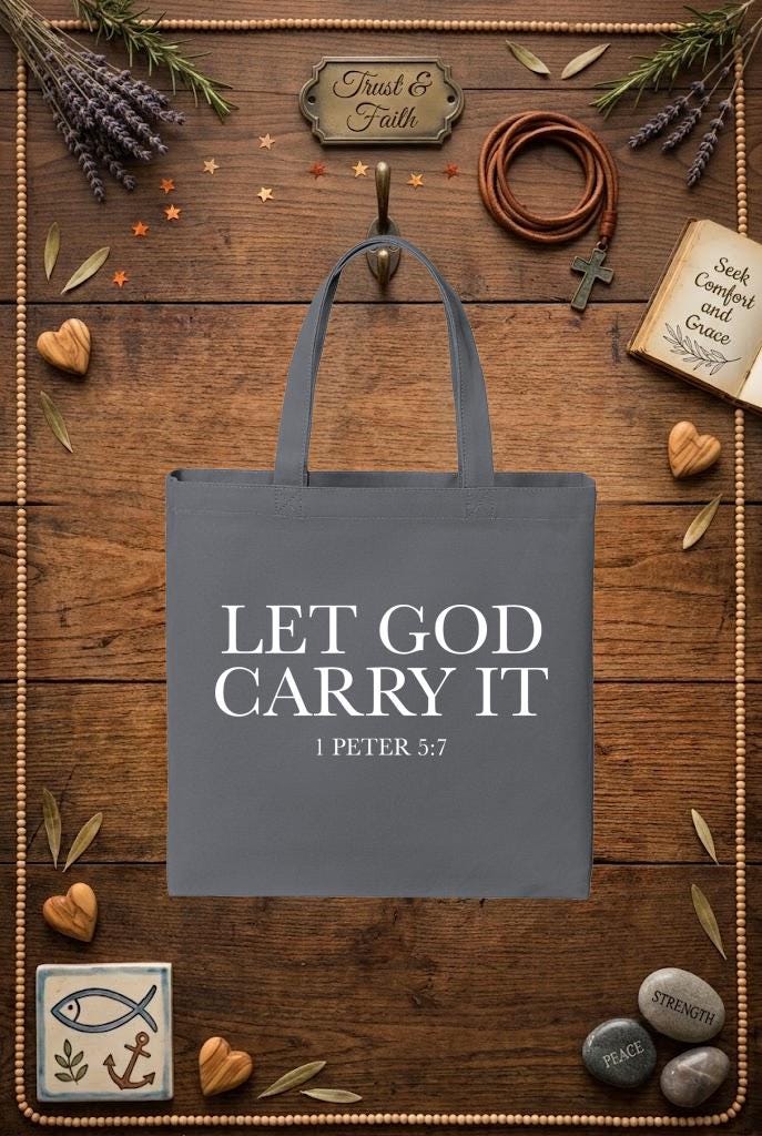 Christian Tote Bag | 1 Peter 5:7 Faith Verse Gift for Women