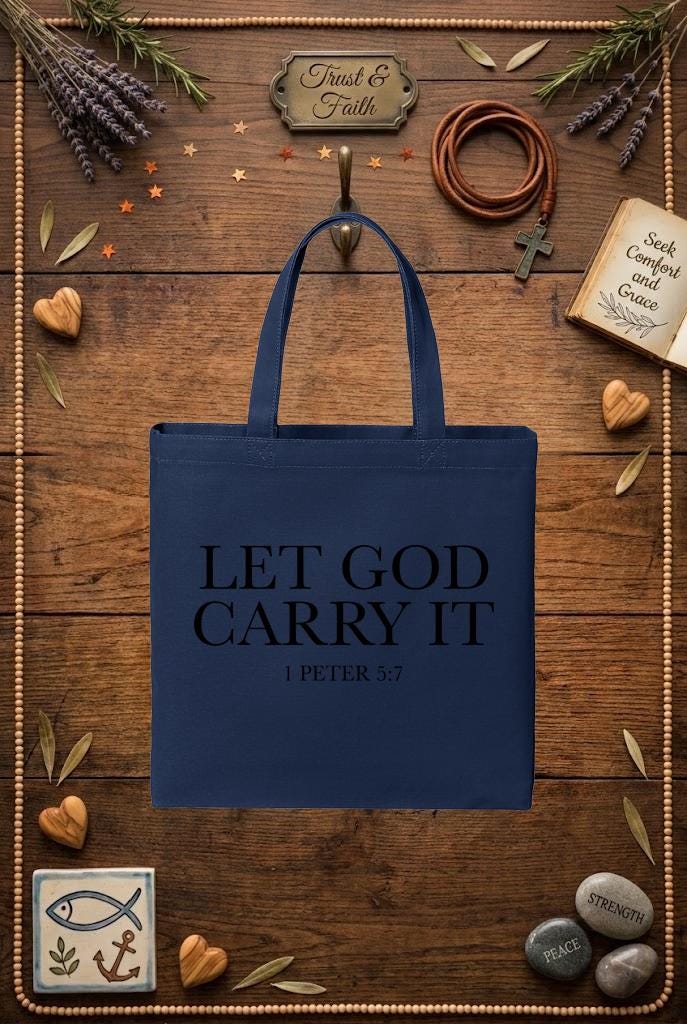 Christian Tote Bag | 1 Peter 5:7 Faith Verse Gift for Women