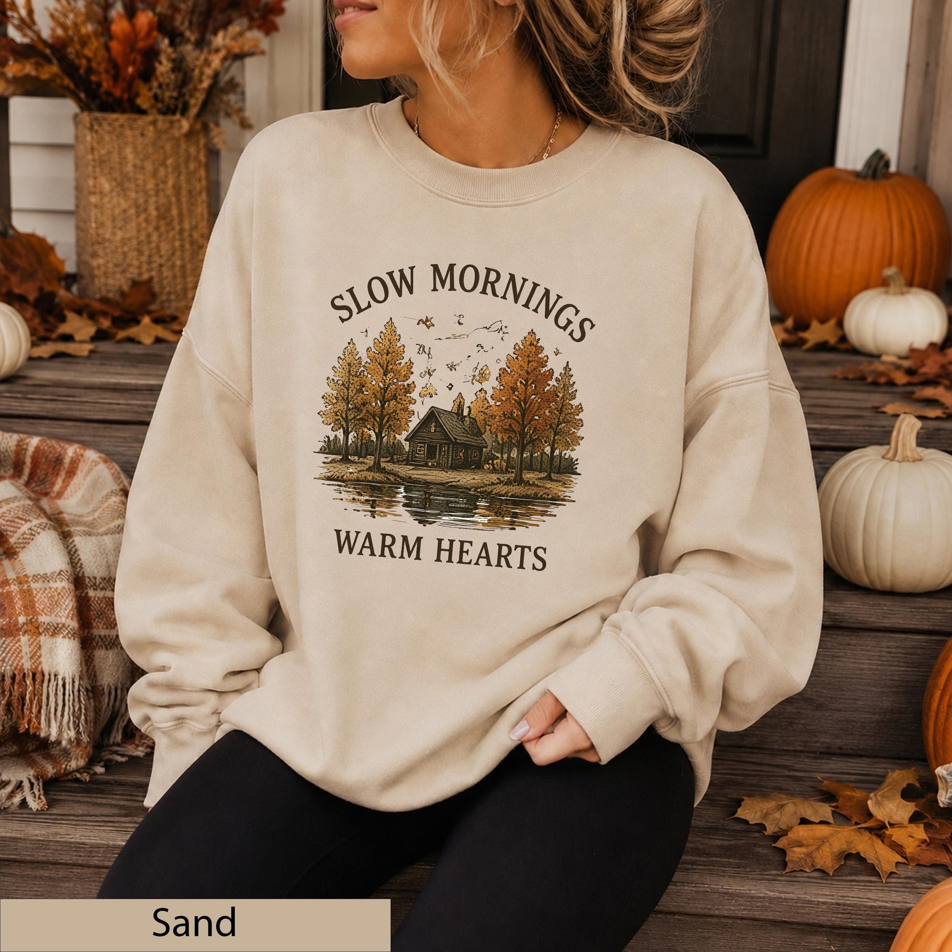 Slow Mornings Warm Hearts Crewneck, Vintage Autumn Cabin Lakeside Sweater