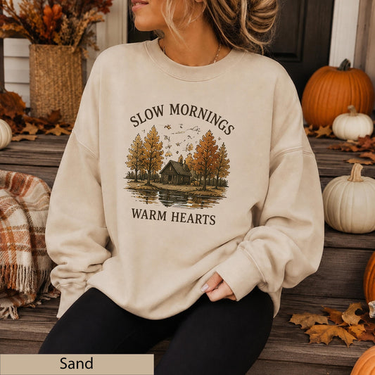 Slow Mornings Warm Hearts Crewneck, Vintage Autumn Cabin Lakeside Sweater