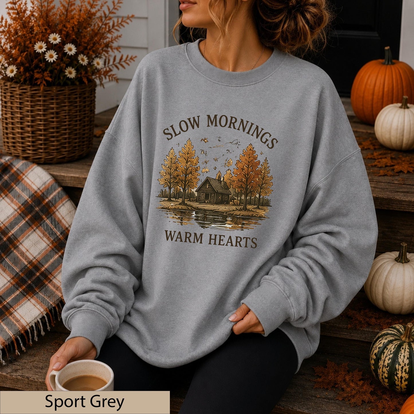 Slow Mornings Warm Hearts Crewneck, Vintage Autumn Cabin Lakeside Sweater
