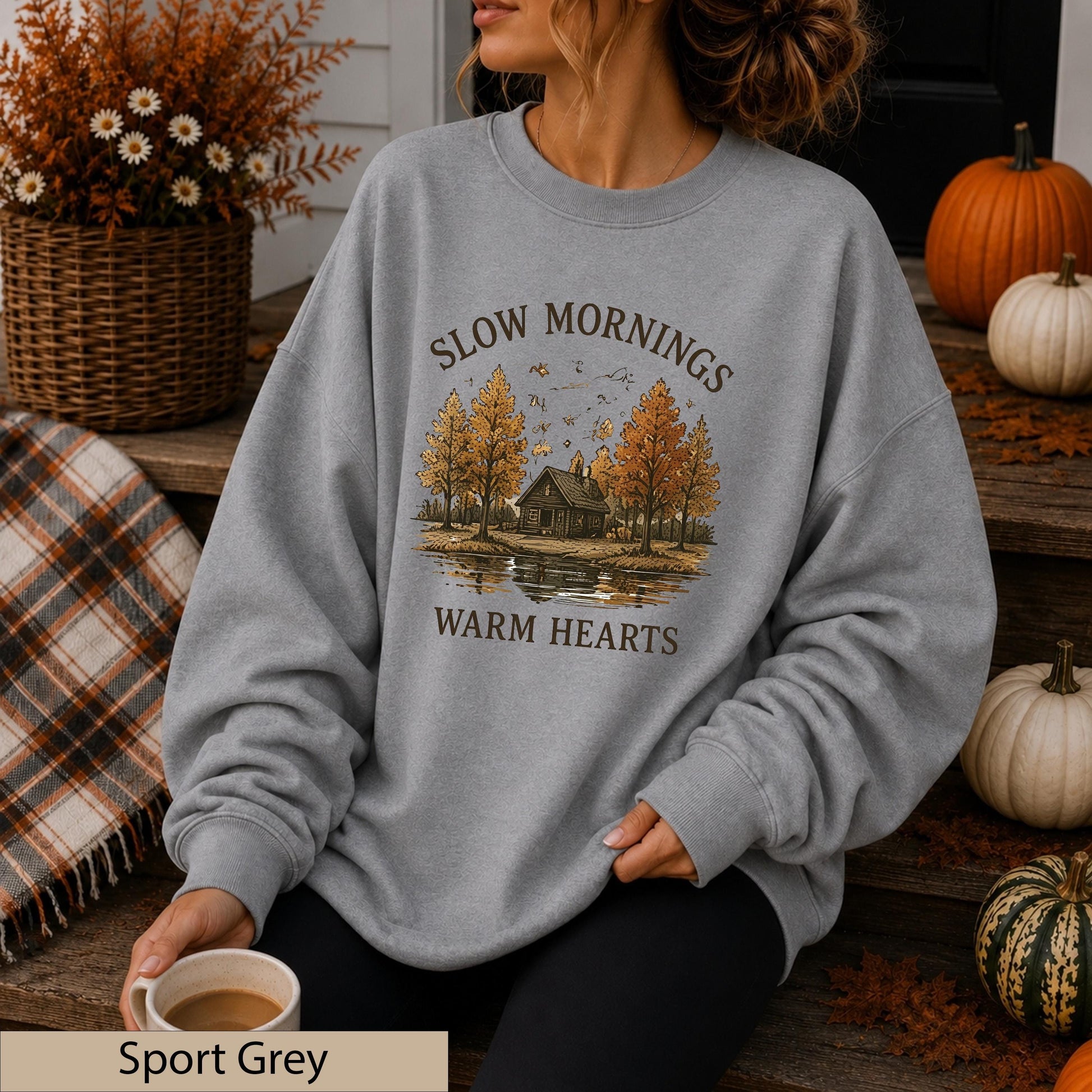 Slow Mornings Warm Hearts Crewneck, Vintage Autumn Cabin Lakeside Sweater