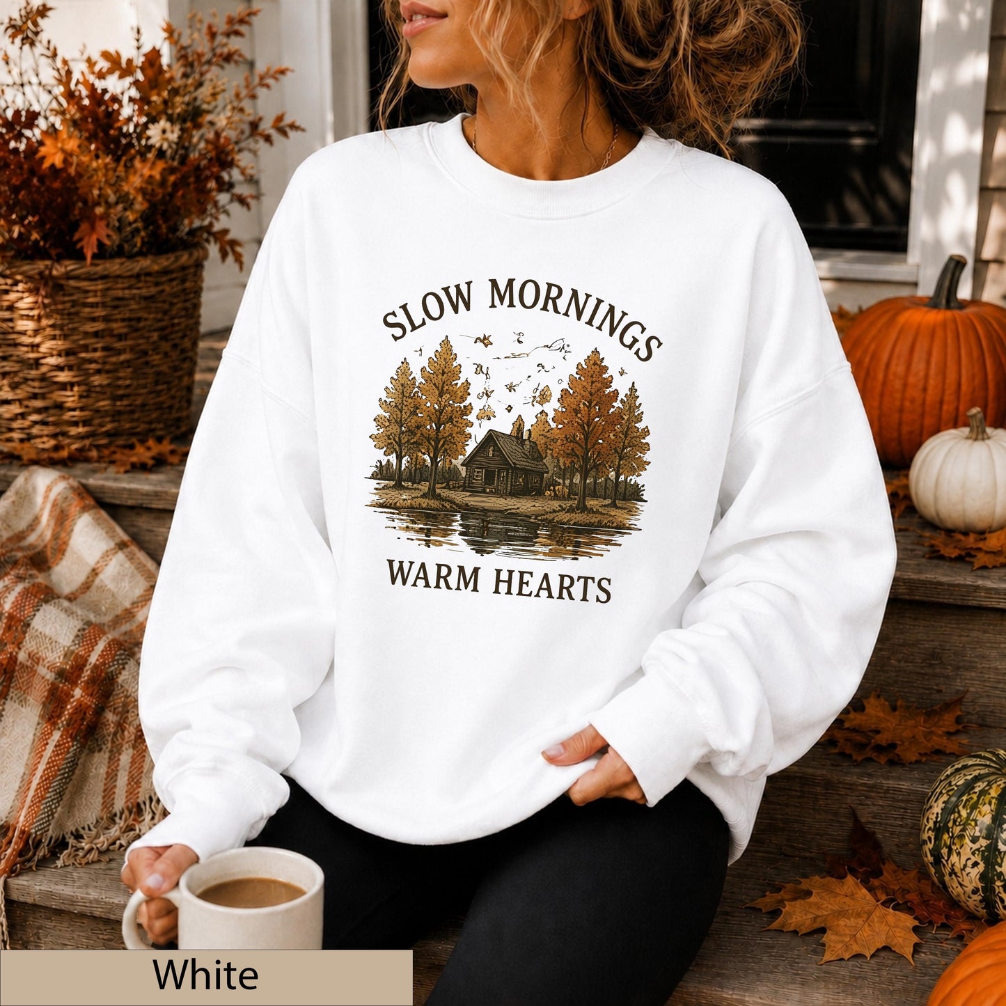 Slow Mornings Warm Hearts Crewneck, Vintage Autumn Cabin Lakeside Sweater