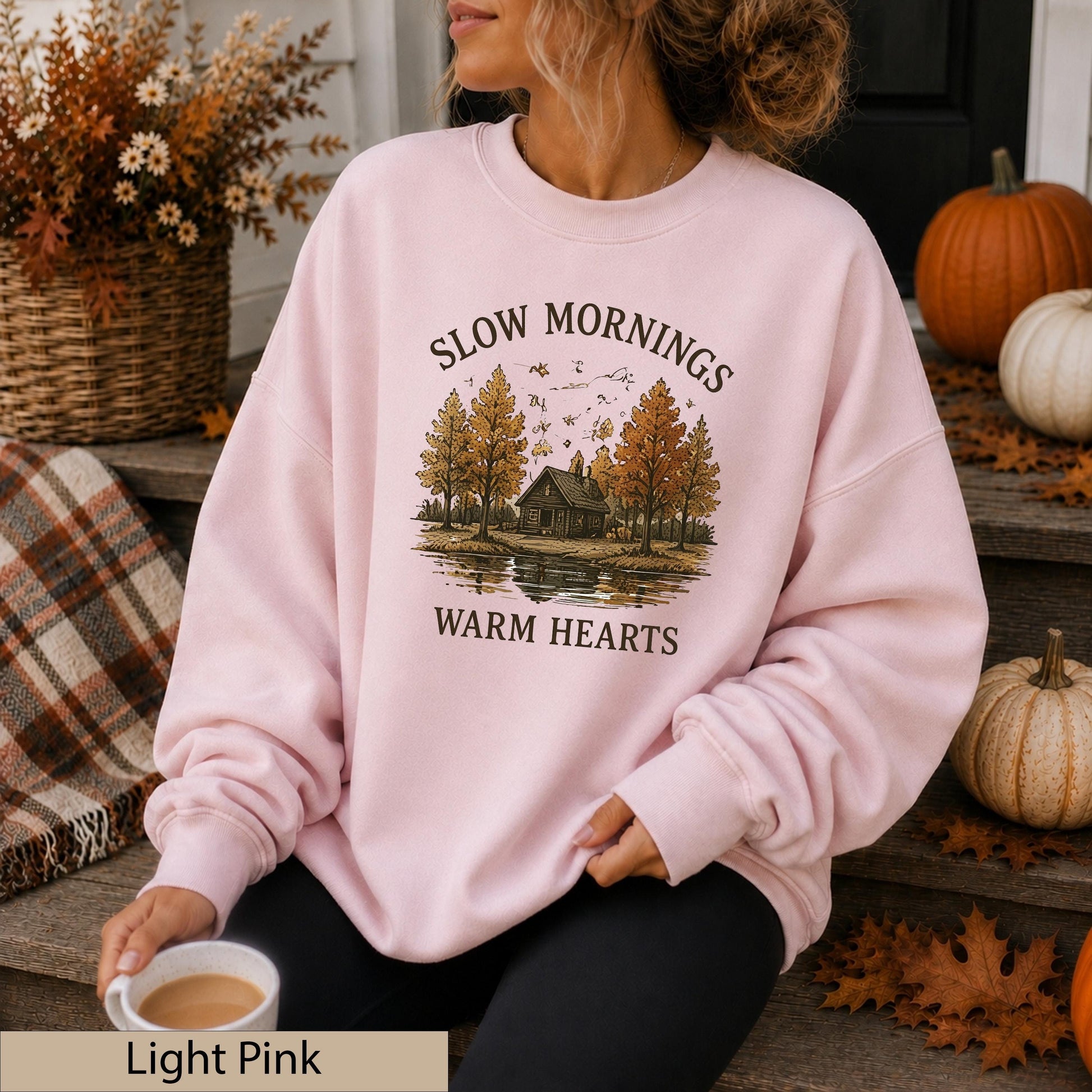 Slow Mornings Warm Hearts Crewneck, Vintage Autumn Cabin Lakeside Sweater