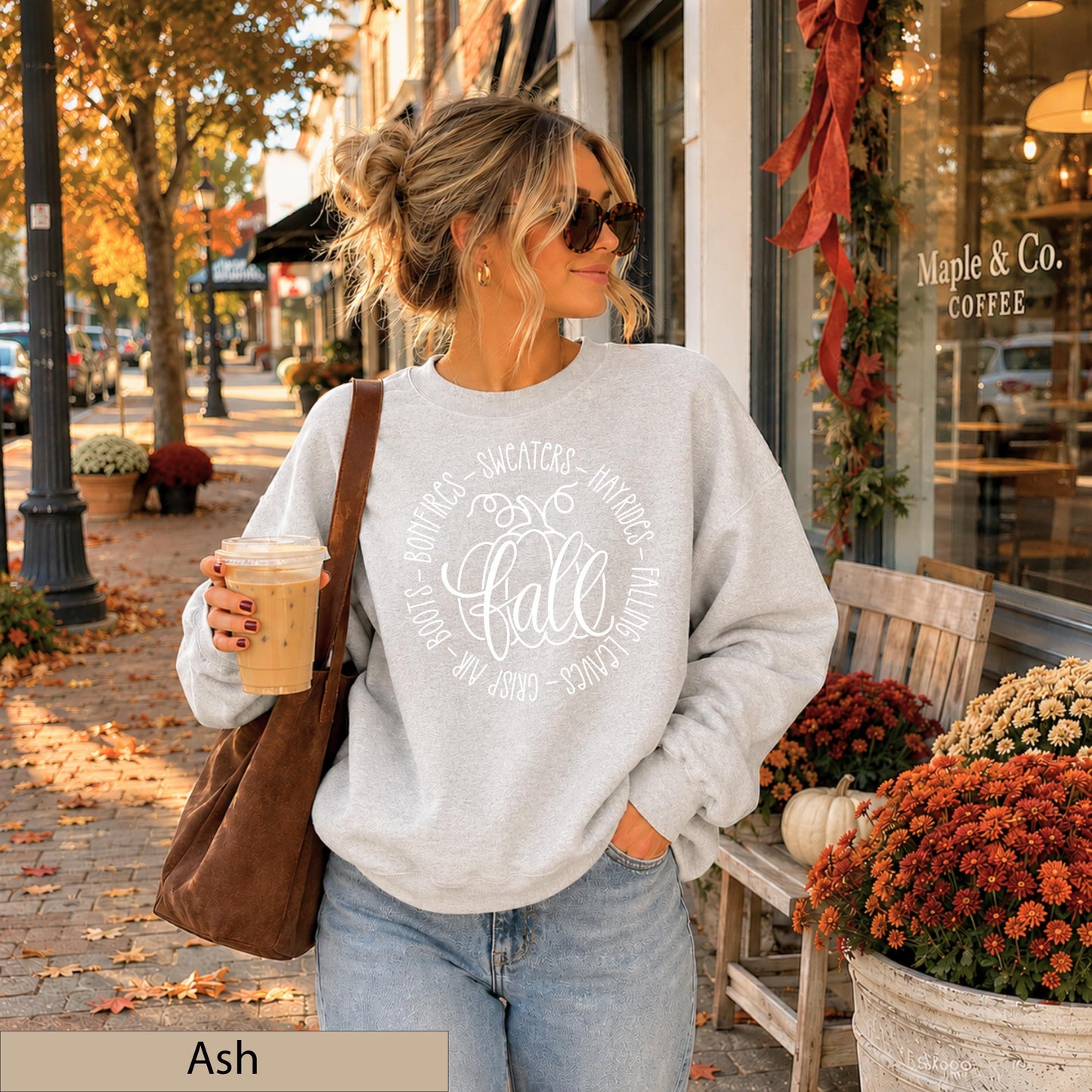 Fall Favorites White Script Sweatshirt, Autumn Pumpkin Crewneck, Cozy Bonfires Hayrides Jumper