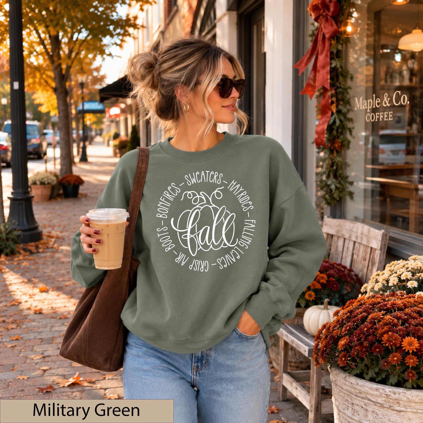 Fall Favorites White Script Sweatshirt, Autumn Pumpkin Crewneck, Cozy Bonfires Hayrides Jumper