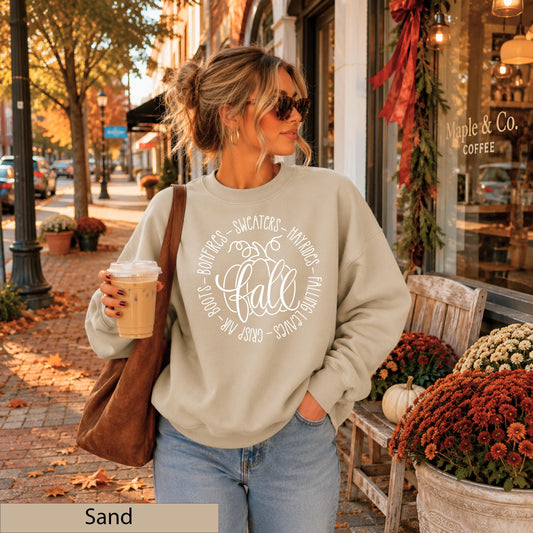 Fall Favorites White Script Sweatshirt, Autumn Pumpkin Crewneck, Cozy Bonfires Hayrides Jumper