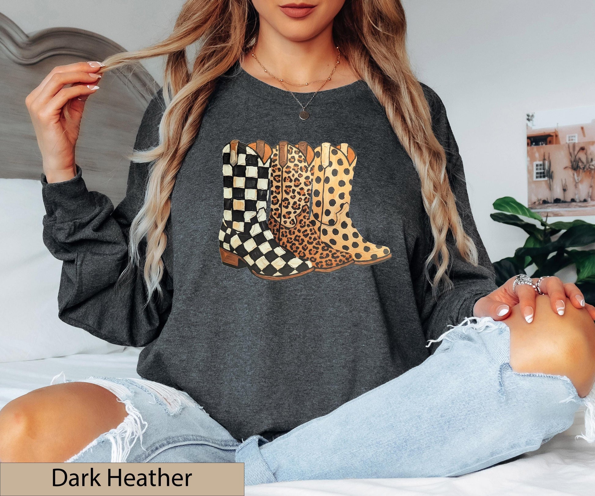 Cowgirl Boots Graphic Crewneck Sweatshirt, Checkered Leopard Polka Dot Western Sweater