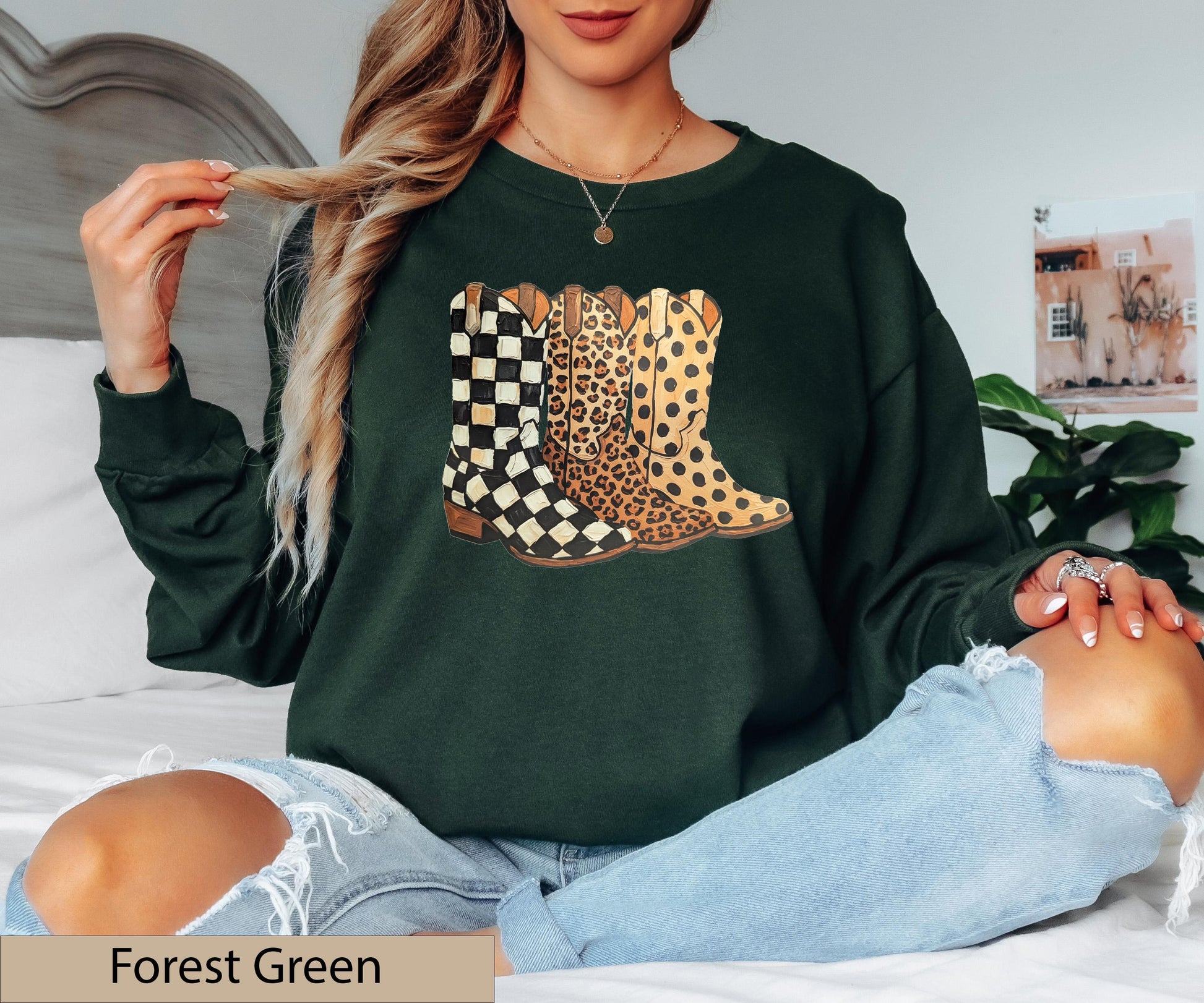 Cowgirl Boots Graphic Crewneck Sweatshirt, Checkered Leopard Polka Dot Western Sweater