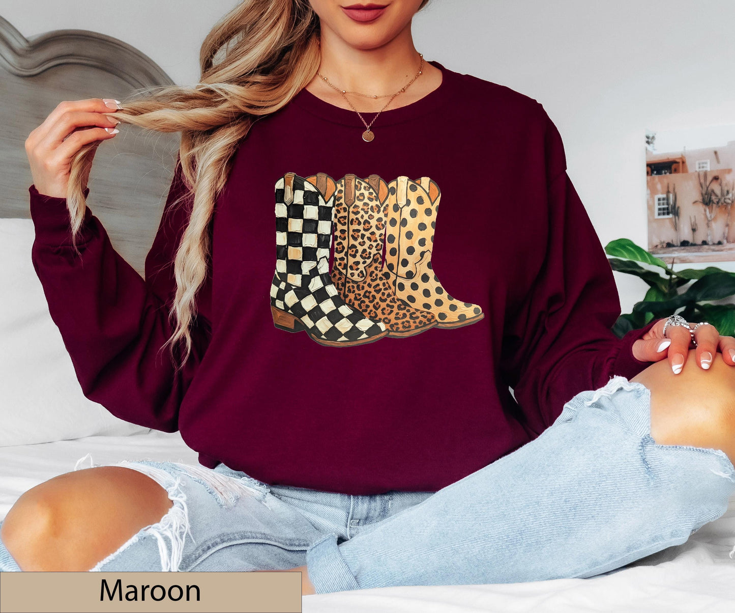 Cowgirl Boots Graphic Crewneck Sweatshirt, Checkered Leopard Polka Dot Western Sweater