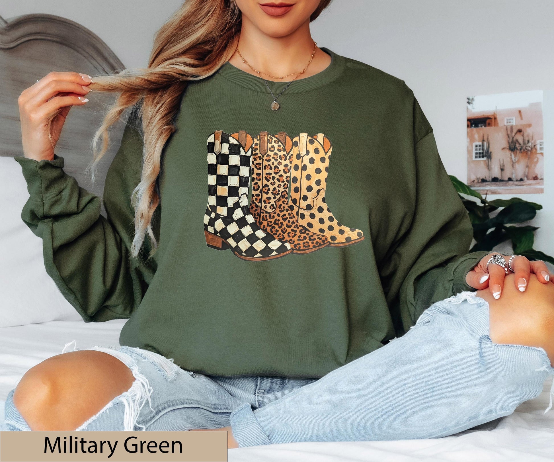 Cowgirl Boots Graphic Crewneck Sweatshirt, Checkered Leopard Polka Dot Western Sweater