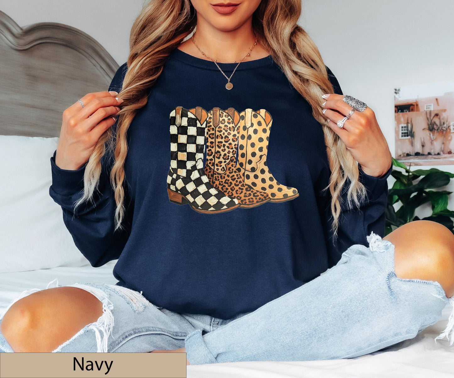 Cowgirl Boots Graphic Crewneck Sweatshirt, Checkered Leopard Polka Dot Western Sweater