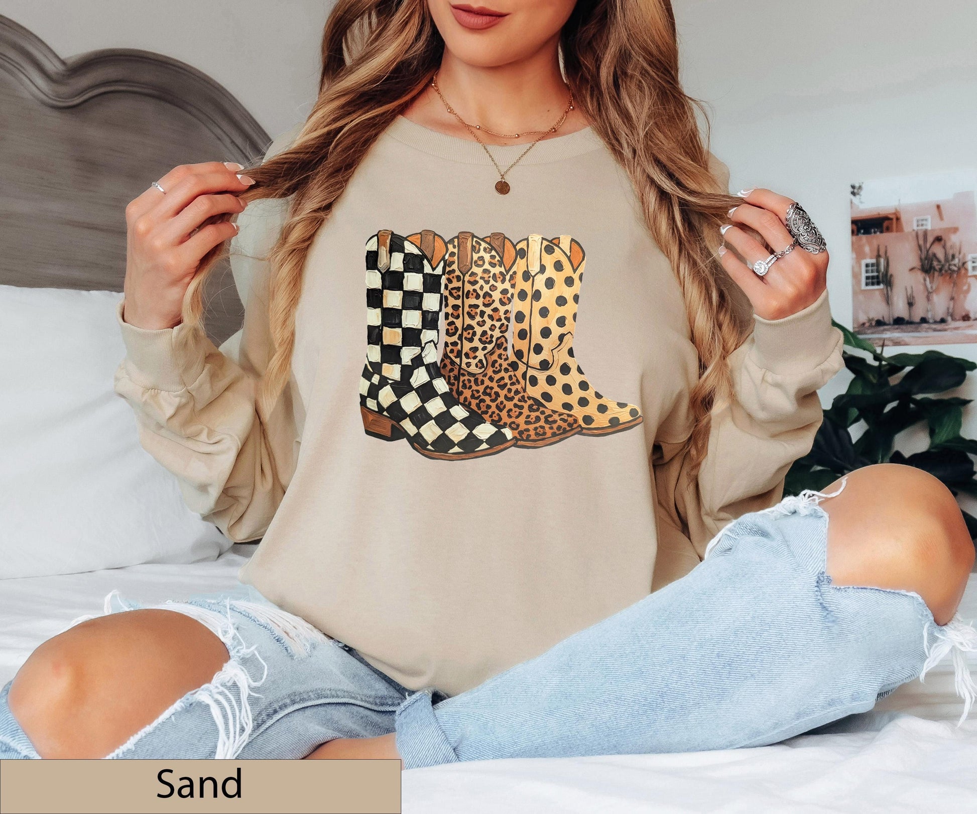 Cowgirl Boots Graphic Crewneck Sweatshirt, Checkered Leopard Polka Dot Western Sweater