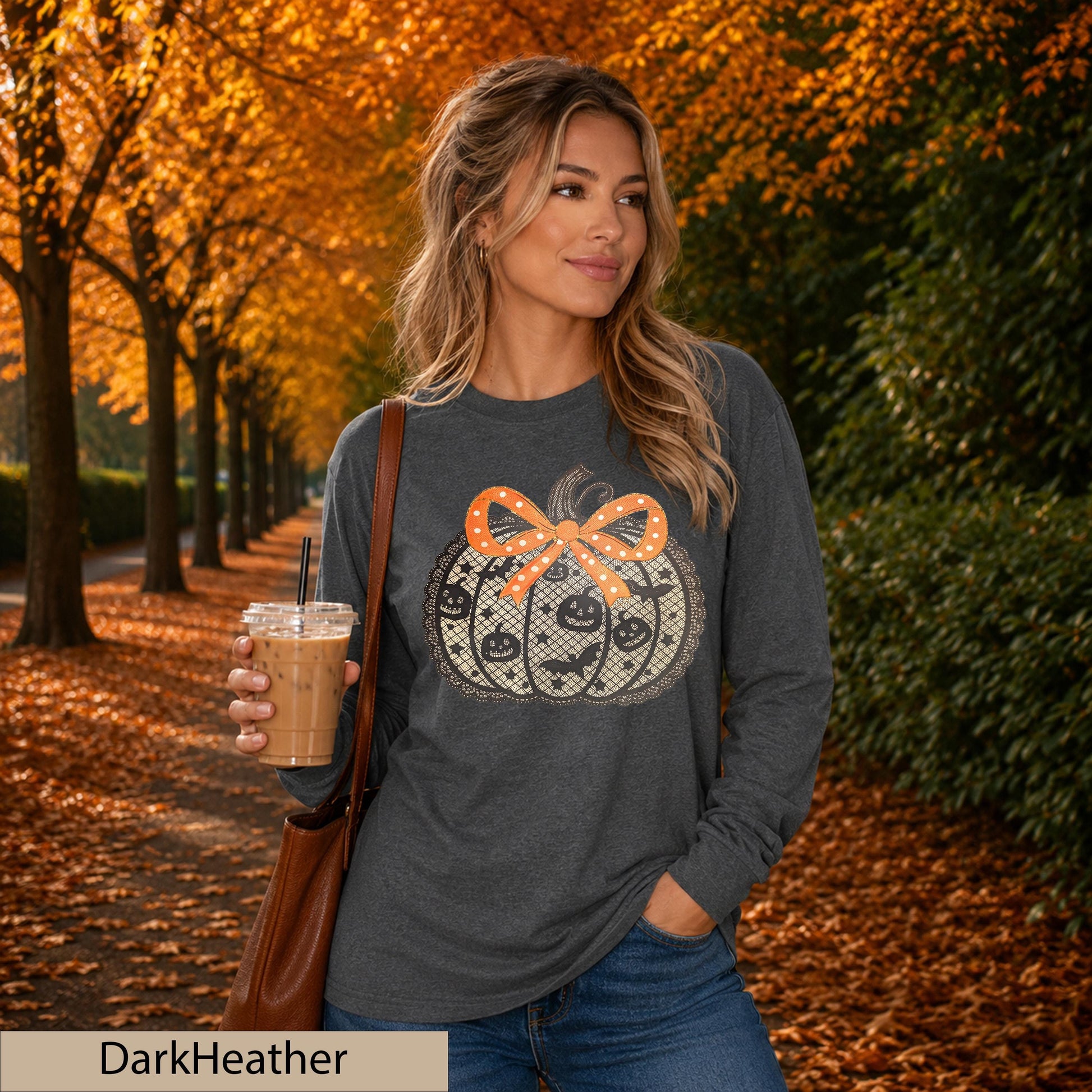 Lace Pumpkin Long Sleeve Shirt, Coquette Bow Halloween Top, Fall Autumn Patch Outfit