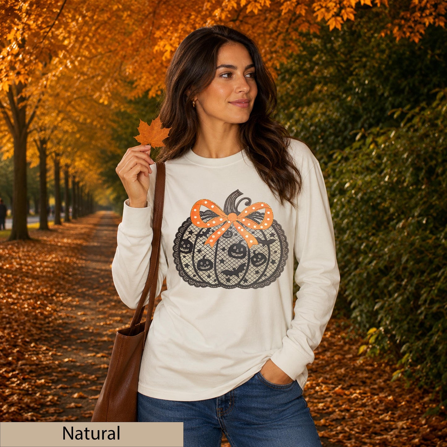 Lace Pumpkin Long Sleeve Shirt, Coquette Bow Halloween Top, Fall Autumn Patch Outfit