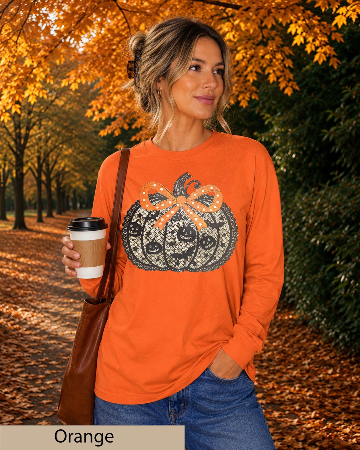 Lace Pumpkin Long Sleeve Shirt, Coquette Bow Halloween Top, Fall Autumn Patch Outfit