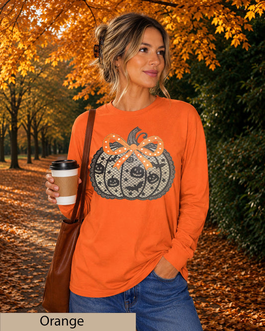 Lace Pumpkin Long Sleeve Shirt, Coquette Bow Halloween Top, Fall Autumn Patch Outfit