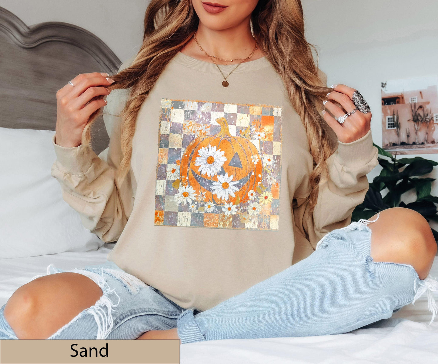Floral Pumpkin Crewneck, Daisy Jack O Lantern T-Shirt, Checkered Fall Boho Jumper