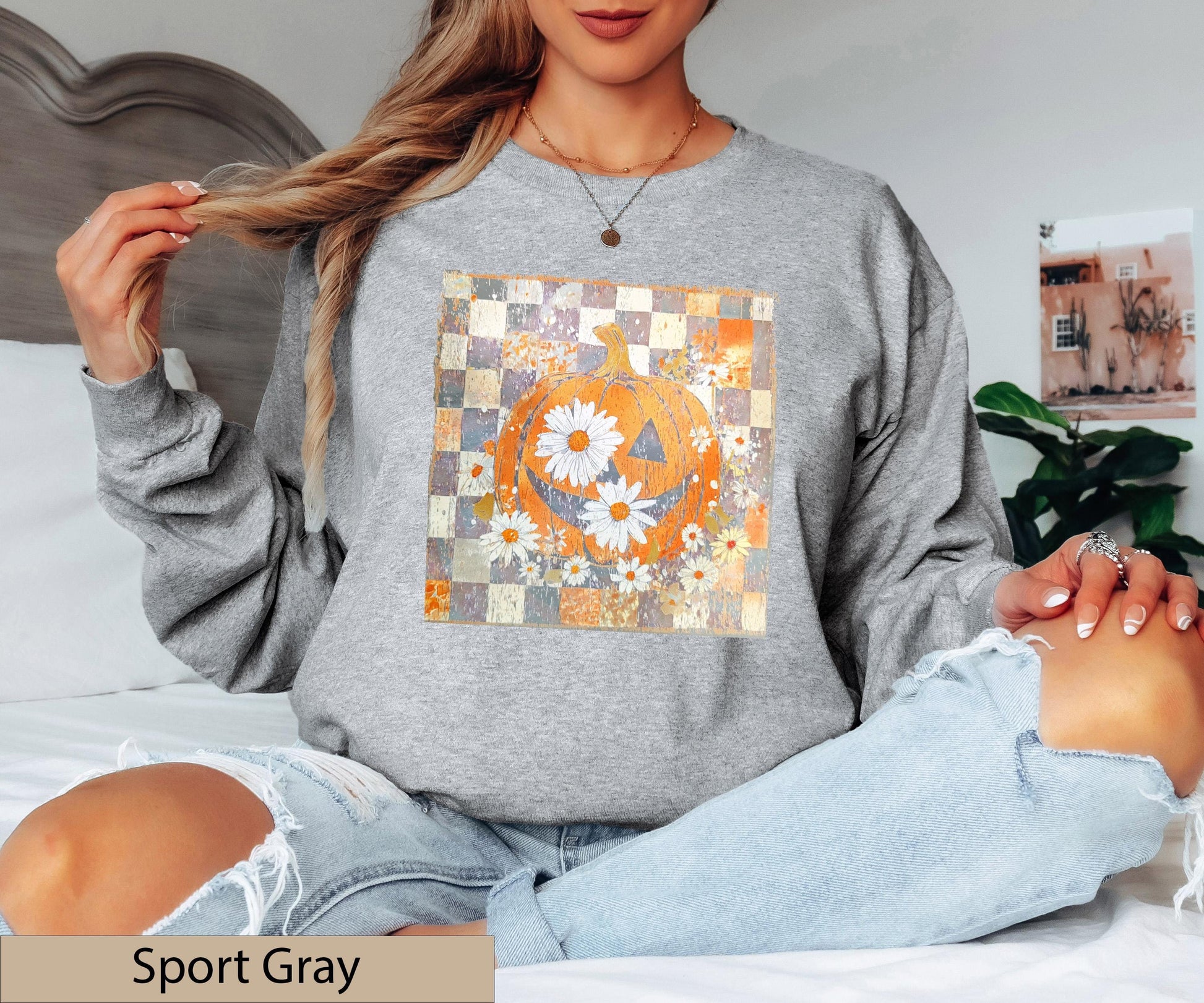 Floral Pumpkin Crewneck, Daisy Jack O Lantern T-Shirt, Checkered Fall Boho Jumper