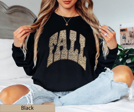 Leopard Print Varsity "FALL" Long Sleeve Shirt, Animal Autumn Crewneck Sweater