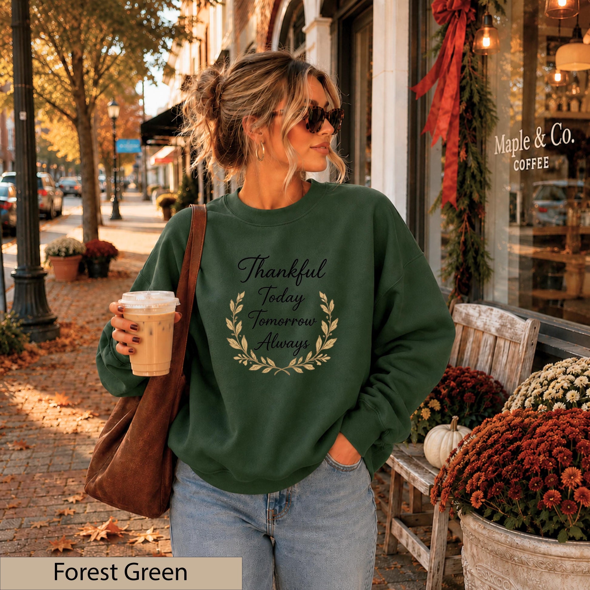 Thankful Today Tomorrow Always Sweatshirt, Autumn Leaf Wreath Crewneck, Grateful Blessed Shirt