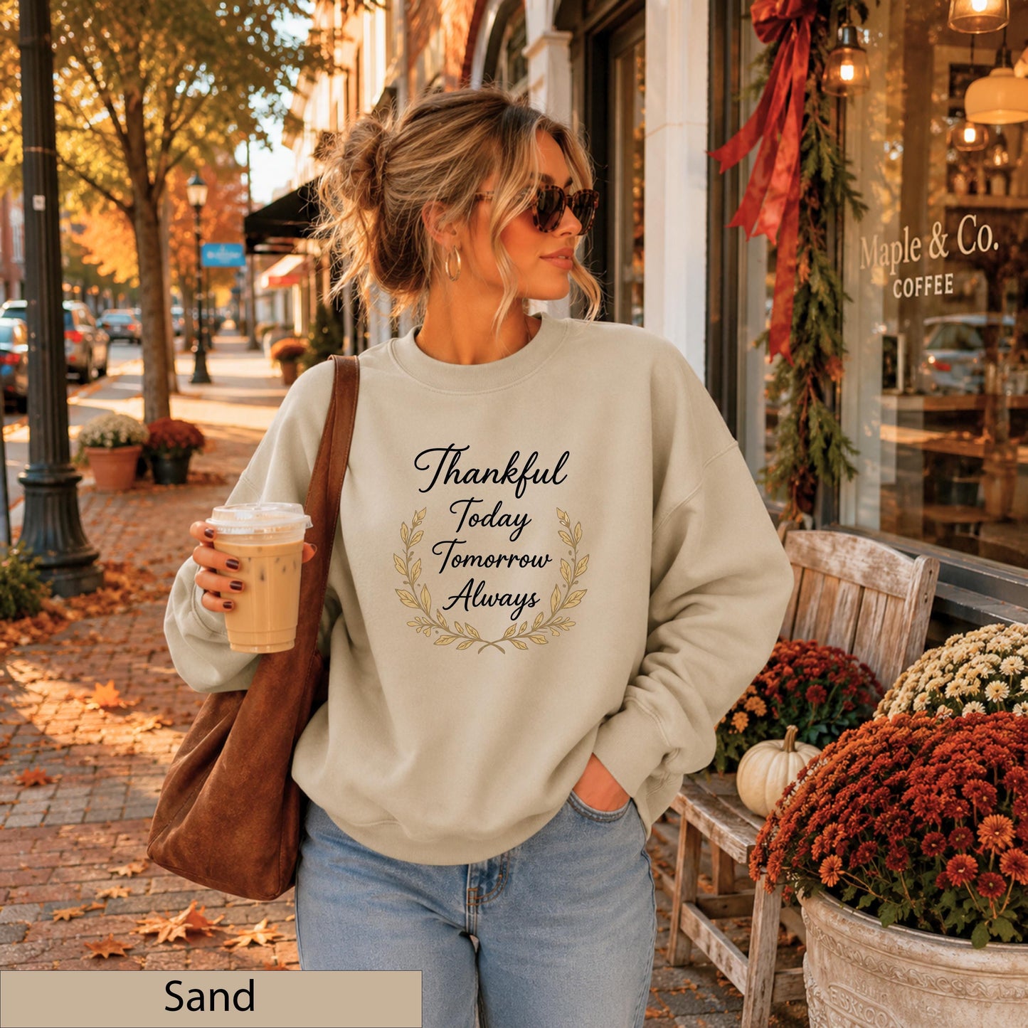 Thankful Today Tomorrow Always Sweatshirt, Autumn Leaf Wreath Crewneck, Grateful Blessed Shirt