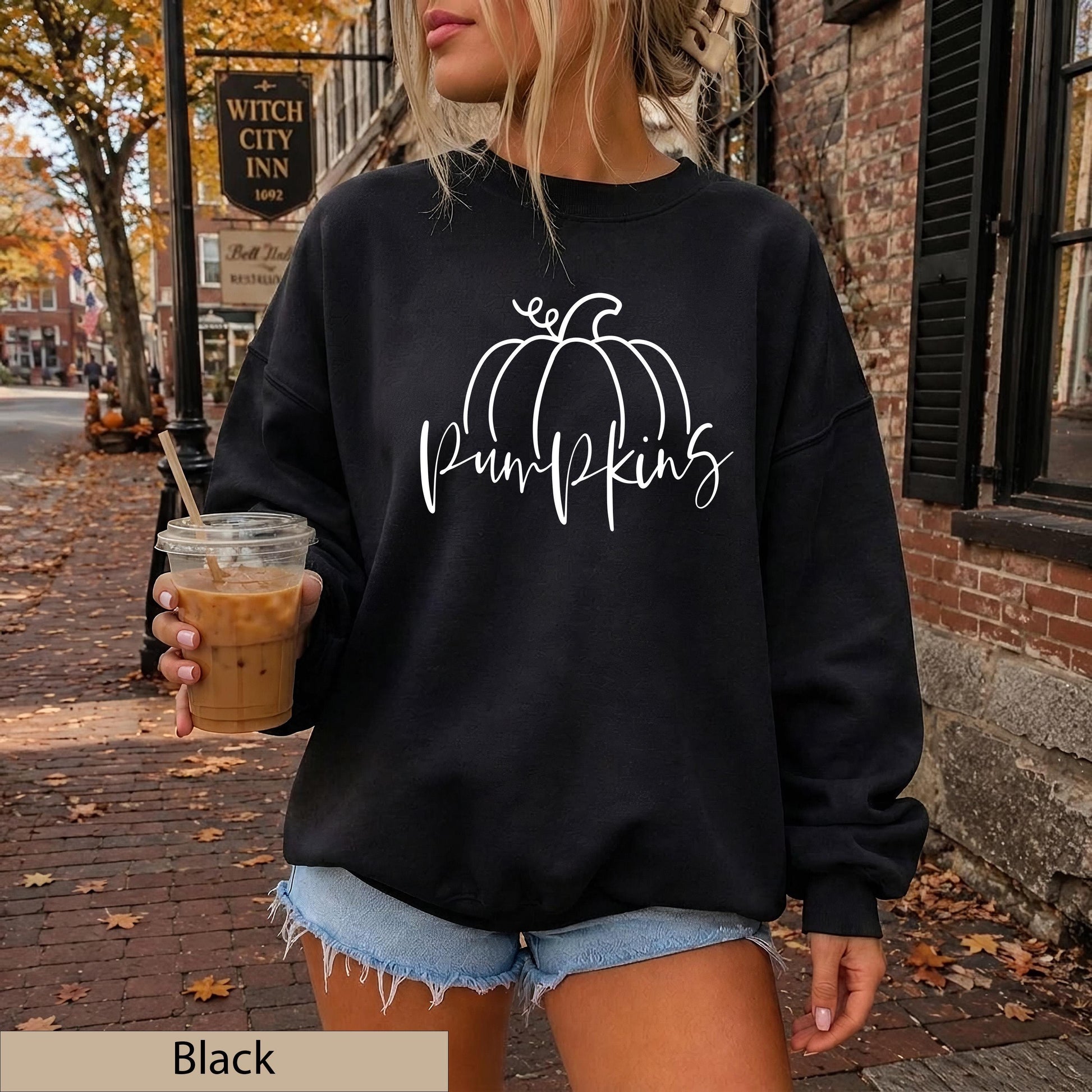 Minimalist White Hand Drawn Pumpkin Sweatshirt, Cozy Autumn Line Art Crewneck Sweater