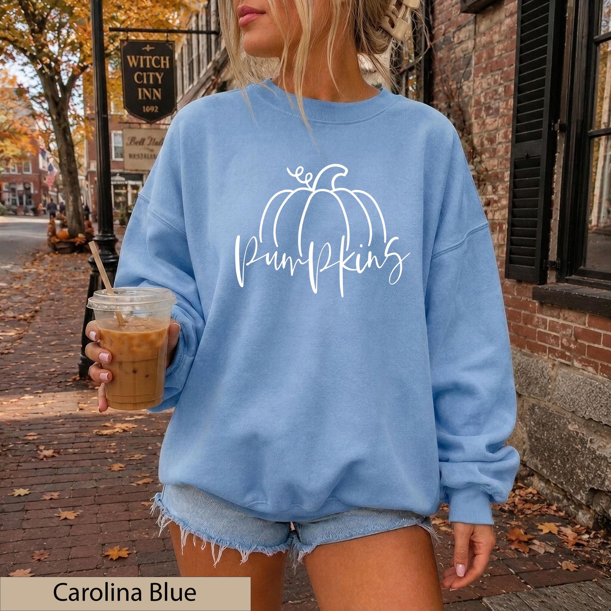 Minimalist White Hand Drawn Pumpkin Sweatshirt, Cozy Autumn Line Art Crewneck Sweater
