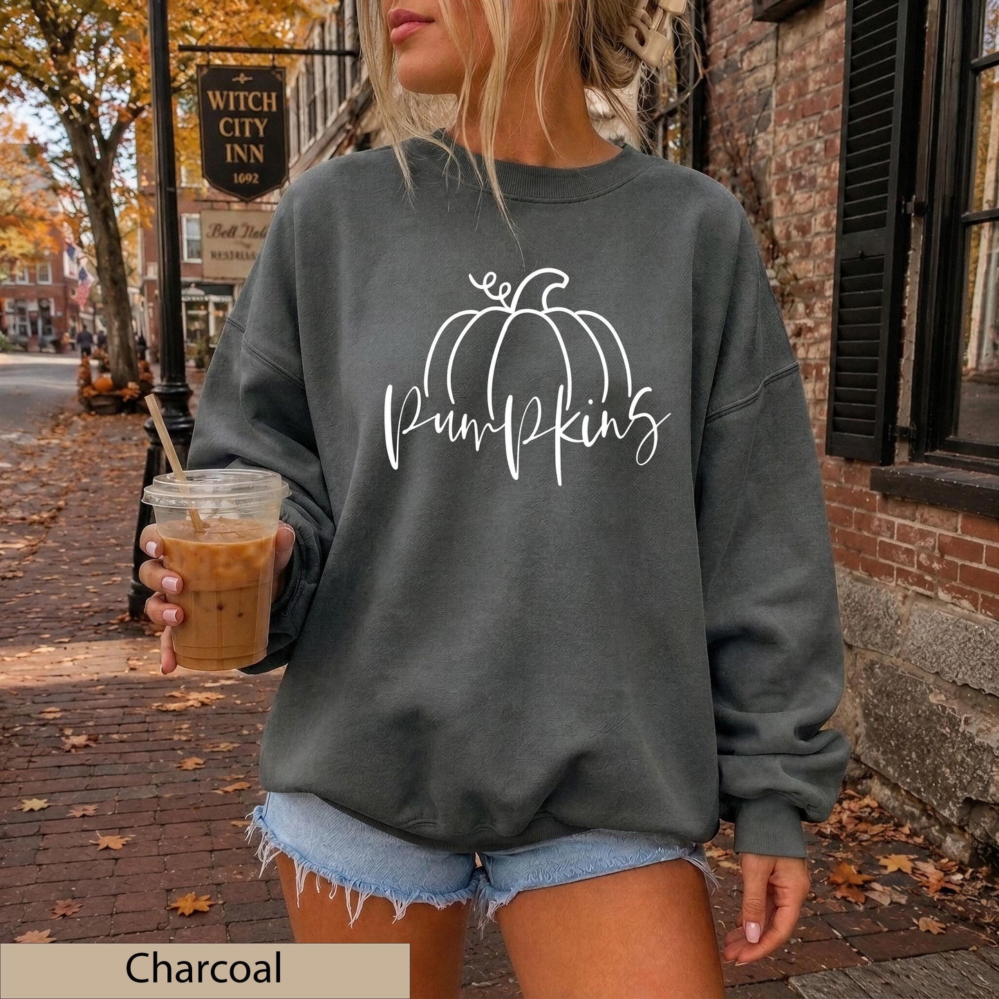 Minimalist White Hand Drawn Pumpkin Sweatshirt, Cozy Autumn Line Art Crewneck Sweater