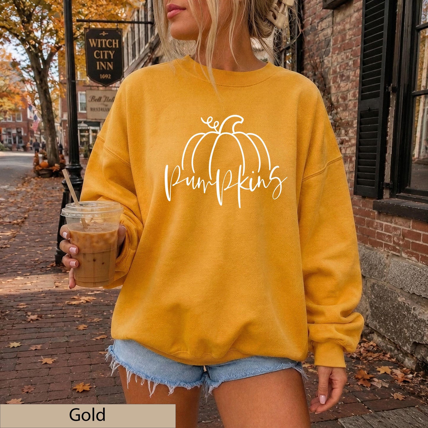 Minimalist White Hand Drawn Pumpkin Sweatshirt, Cozy Autumn Line Art Crewneck Sweater